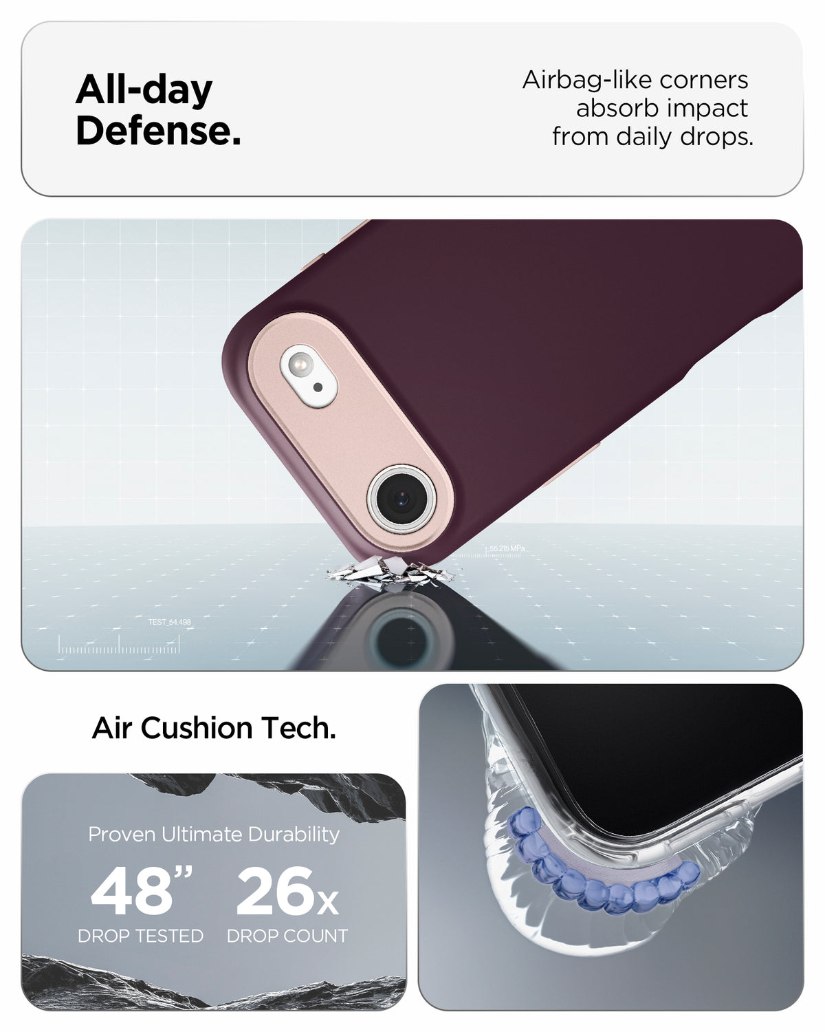 ACS09932 - iPhone 17 Air Case Nano Pop (MagFit) in burgundy bean showing the all day defense with airbag like corners that absorb impact from daily drops