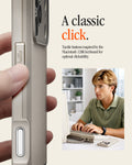  ACS10479 - iPhone 17 Pro Classic LS MagFit showing a hand pressing the case's tactile side button, next to a man typing on a vintage Macintosh keyboard.