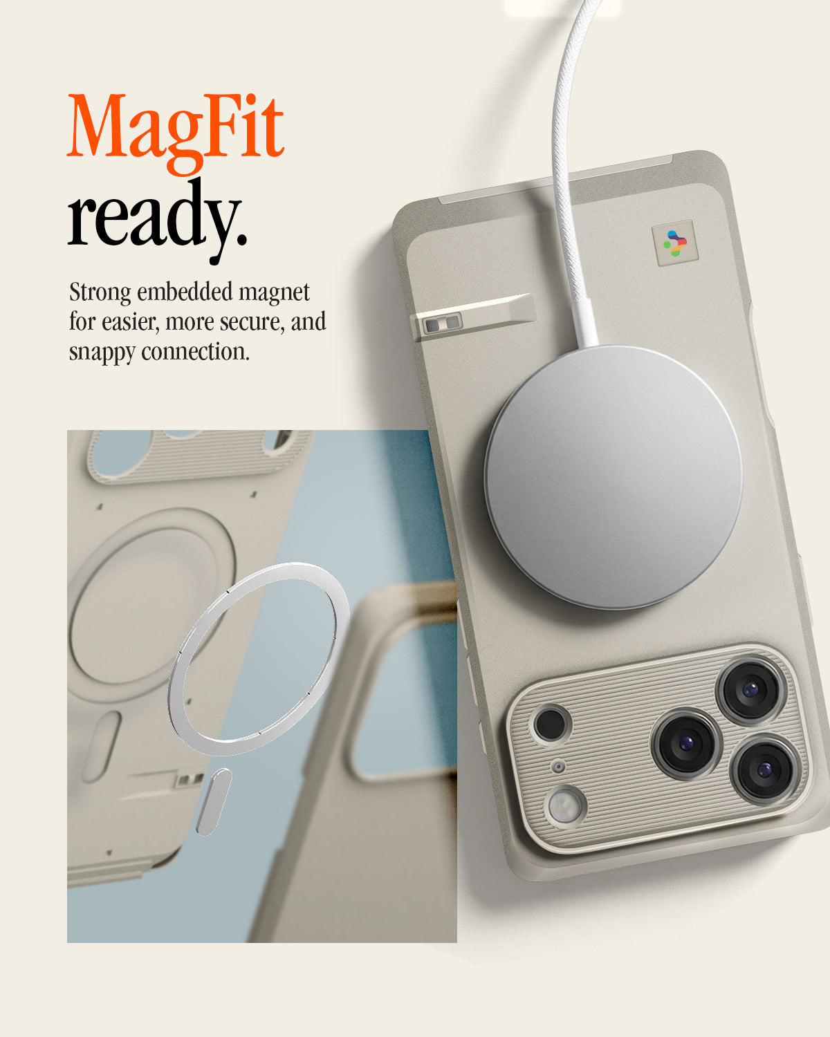  ACS10479 - iPhone 17 Pro Classic LS MagFit showing the case with a MagSafe charger attached via embedded magnet, plus a close-up of the magnetic ring and lanyard cutout.