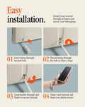 ACS10479 - iPhone 18 Pro / iPhone 17 Pro Classic LS MagFit case showing four steps to install a lanyard: insert string, thread through hole, loop and fasten buckle, then carry phone.