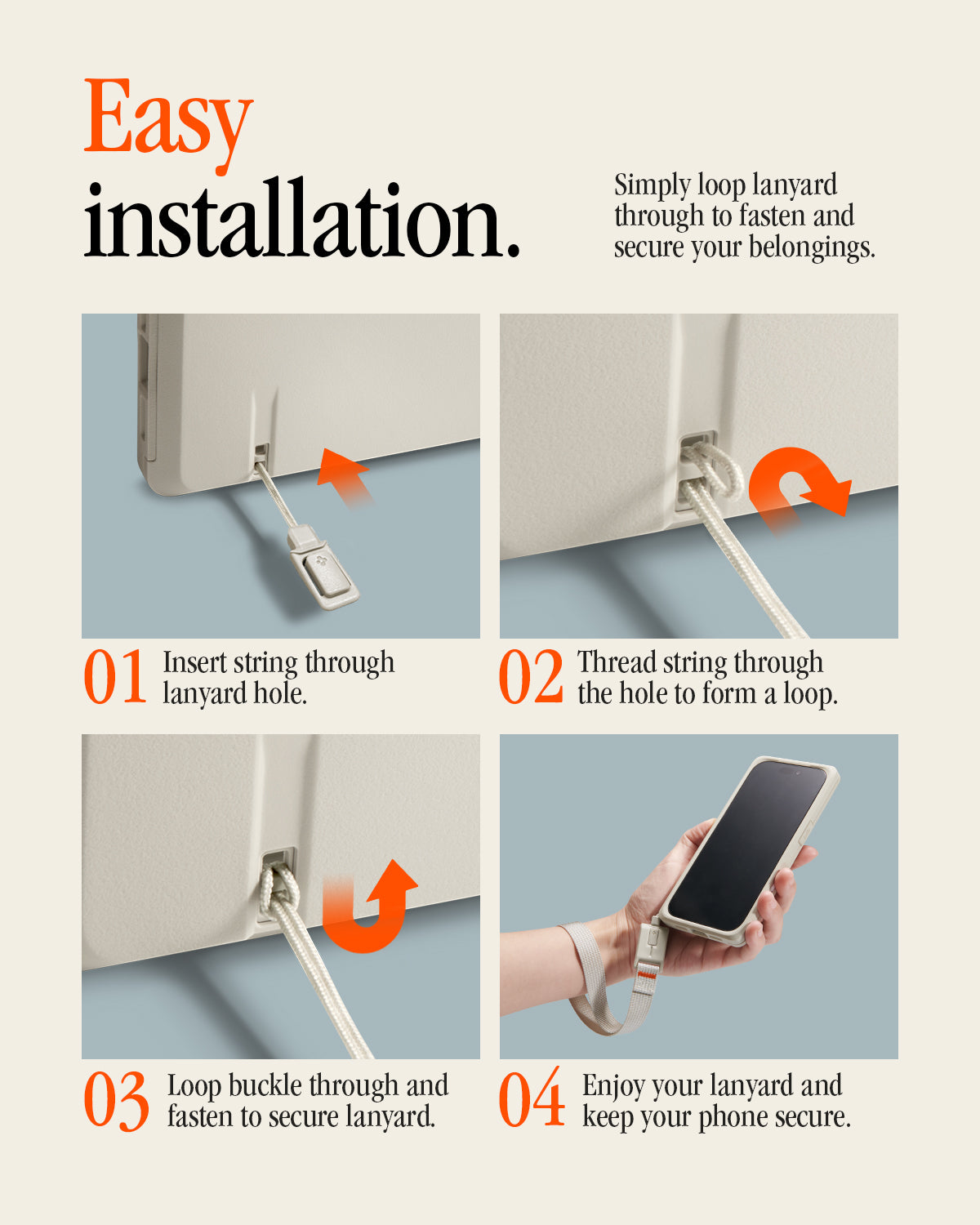  ACS10479 - iPhone 17 Pro Classic LS MagFit showing four steps to install a lanyard: insert string, thread through hole, loop and fasten buckle, then carry phone.