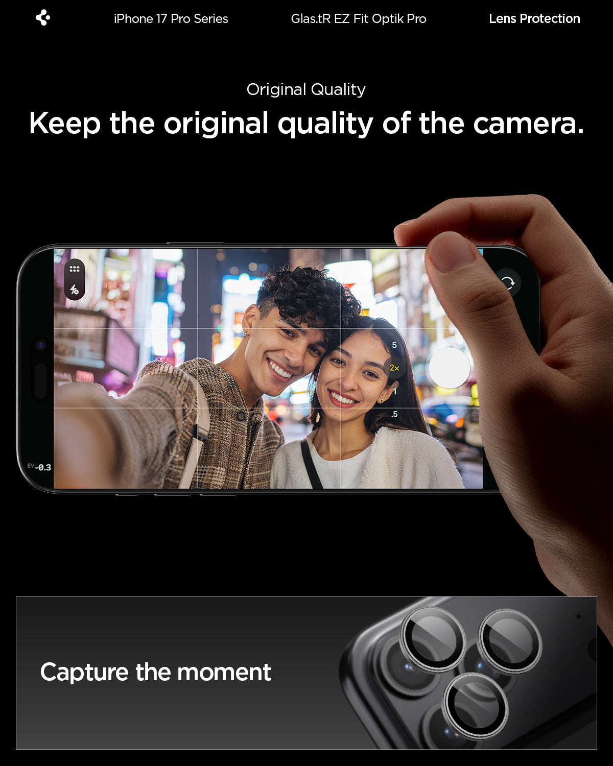 AGL10125 - iPhone 17 Pro Max Optik Pro EZ Fit Lens Protector in gray showing the original quality. Keep the original quality of the camera and capture the moment