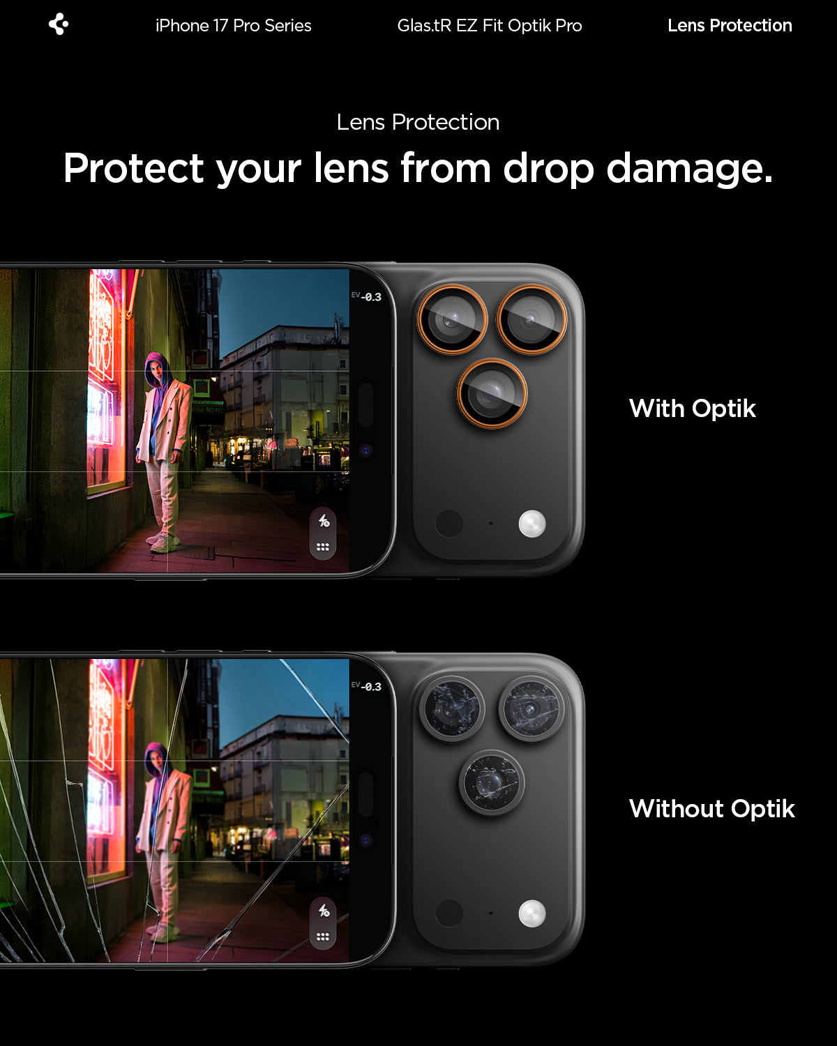 AGL10123 - iPhone 17 Pro Max Optik Pro EZ Fit Lens Protector showing the lens protection. Protect your lens from drop damage.
