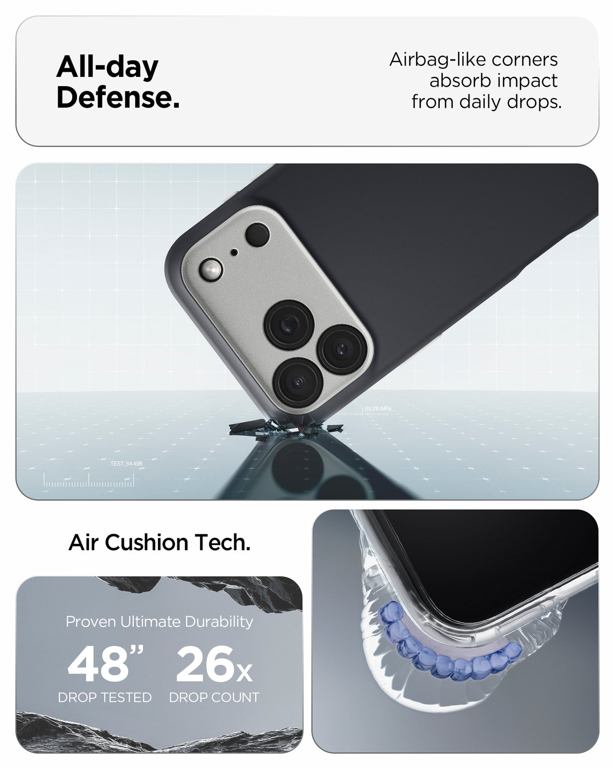 ACS09915 - iPhone 17 Pro Max Case Nano Pop (MagFit) showing the all day defense with airbag like corners that absorb impact from daily drops