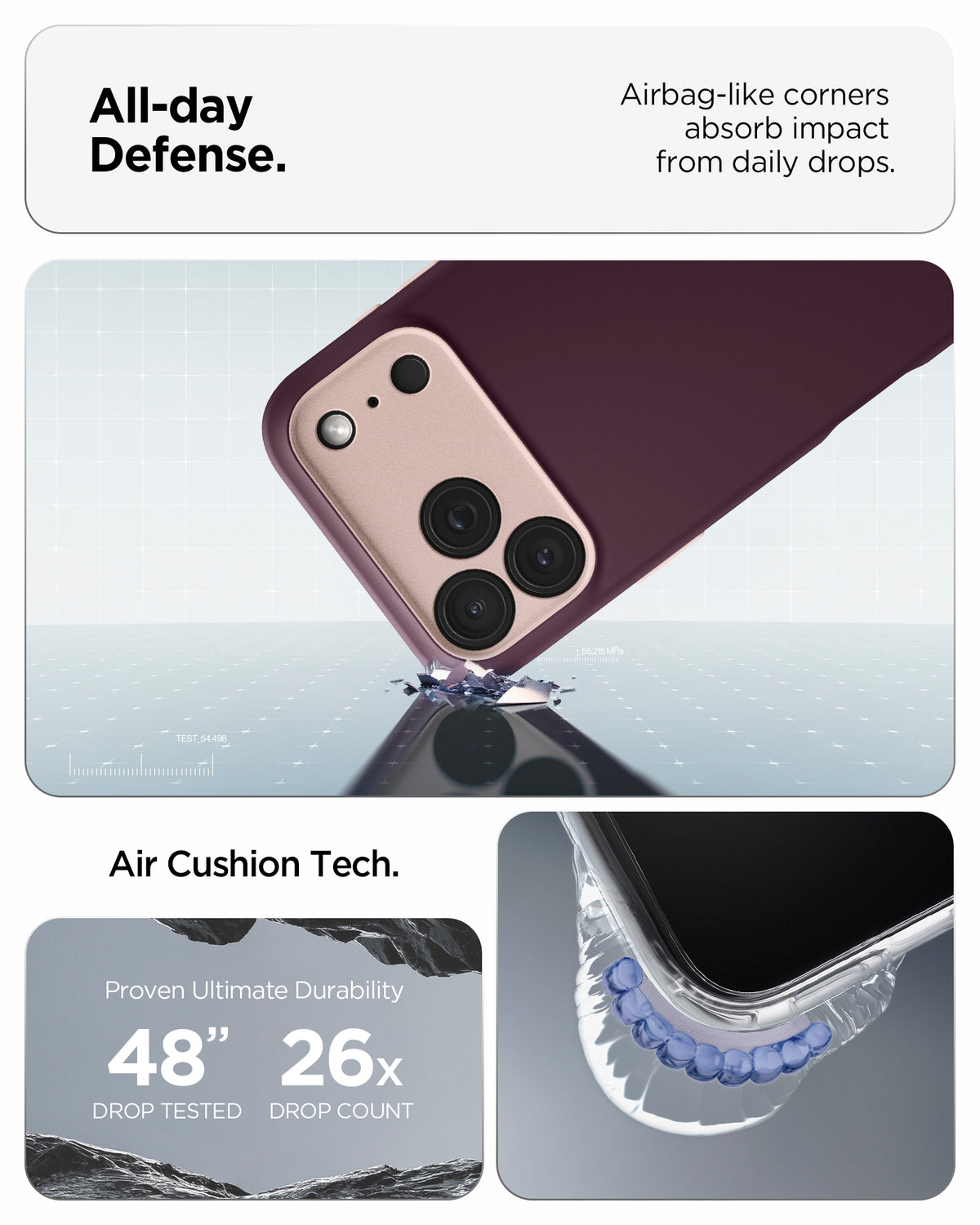 ACS09967 - iPhone 17 Pro Case Nano Pop (MagFit) in burgundy bean showing the all day defense with airbag like corners that absorb impact from daily drops