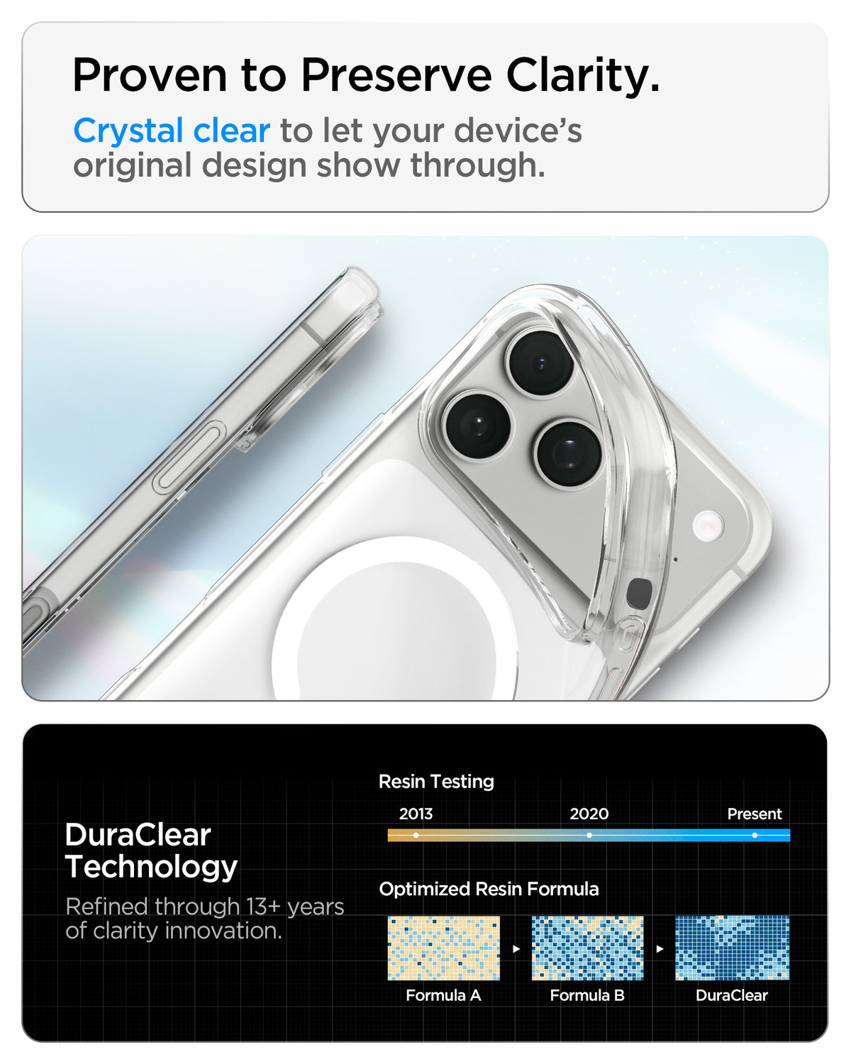 ACS11925 - iPhone 18 Pro / iPhone 17 Pro Crystal Flex (Mag Fit) showing crystal-clear material and DuraClear Technology designed to preserve long-lasting clarity.