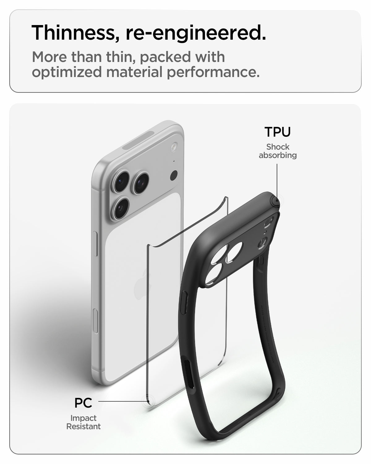 ACS10065 - iPhone 18 Pro  / iPhone 17 Pro Ultra Hybrid in Matte Black showing a slim hybrid construction with impact-resistant back and shock-absorbing flexible edges