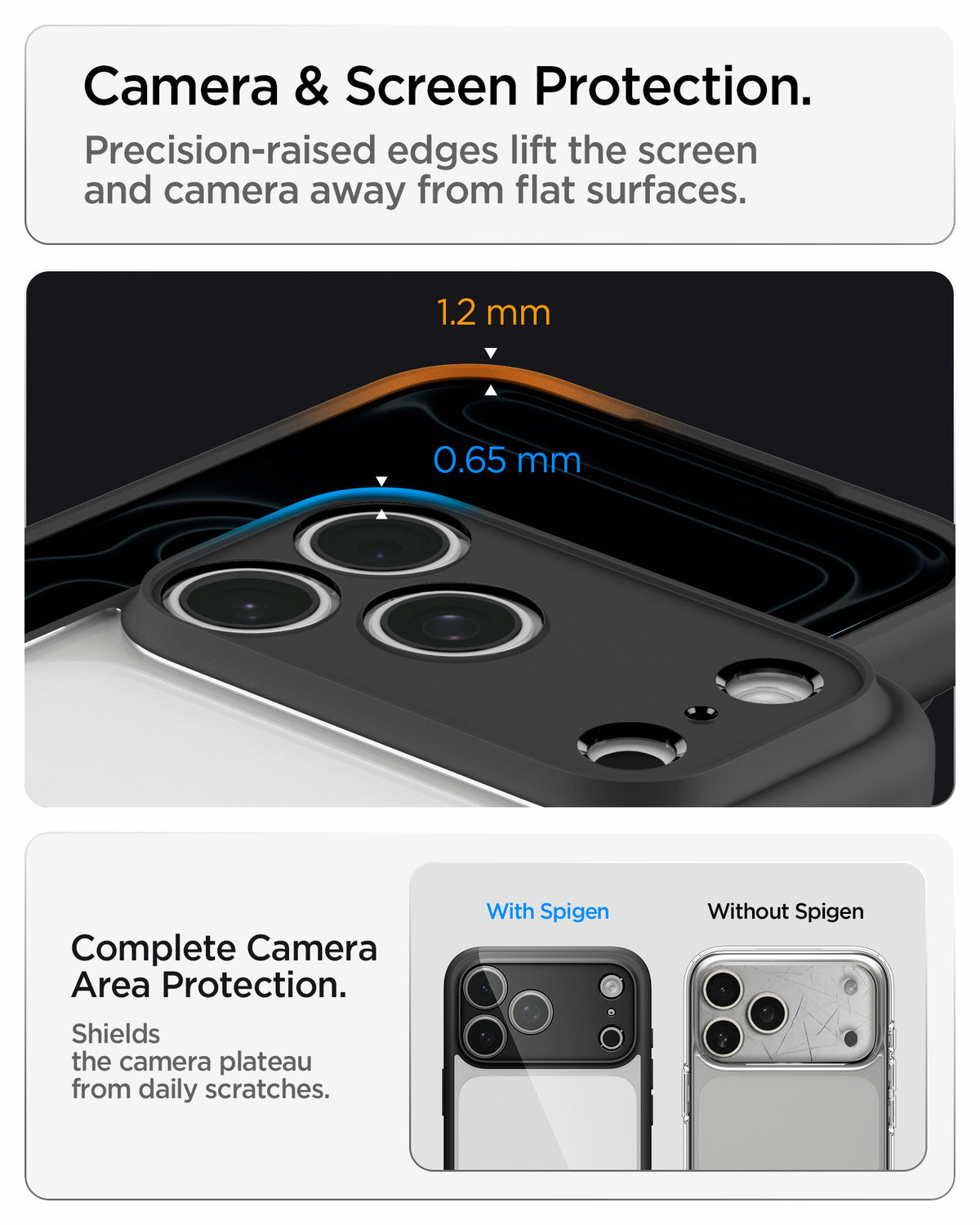 ACS10065 - iPhone 18 Pro  / iPhone 17 Pro Ultra Hybrid in Matte Black showing raised screen and camera edges designed to protect against scratches and contact with flat surfaces
