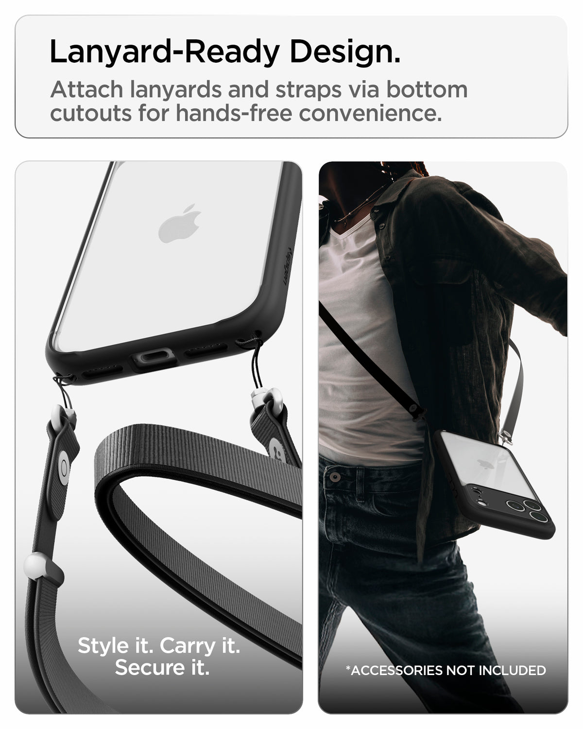 ACS10065 - iPhone 18 Pro  / iPhone 17 Pro Ultra Hybrid in Matte Black showing built-in bottom cutouts for attaching lanyards and straps for hands-free carrying