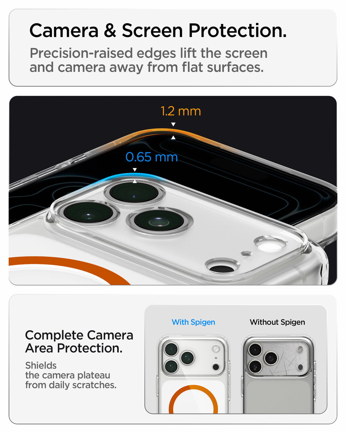 ACS11110 -  iPhone 18 Pro / iPhone 17 Pro Ultra Hybrid (MagFit) in Clear Orange showing raised edges around the screen and camera area for added protection against scratches
