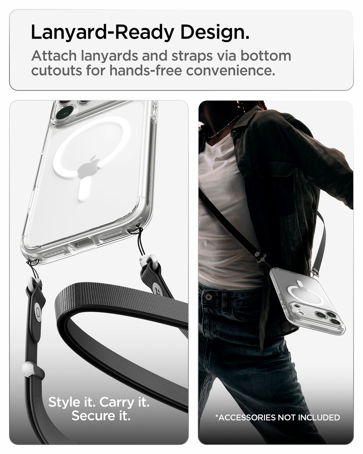 ACS10066 - iPhone 18 Pro / iPhone 17 Pro Ultra Hybrid (MagFit) in Clear White showing bottom lanyard cutouts for attaching straps and hands-free carrying convenience
