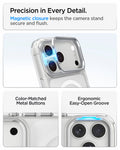 ACS11921 - iPhone 18 Pro / iPhone 17 Pro Ultra Hybrid Optik S (Mag Fit) Clear Silver showing a magnetic camera ring closure, metal buttons, and an easy-open groove