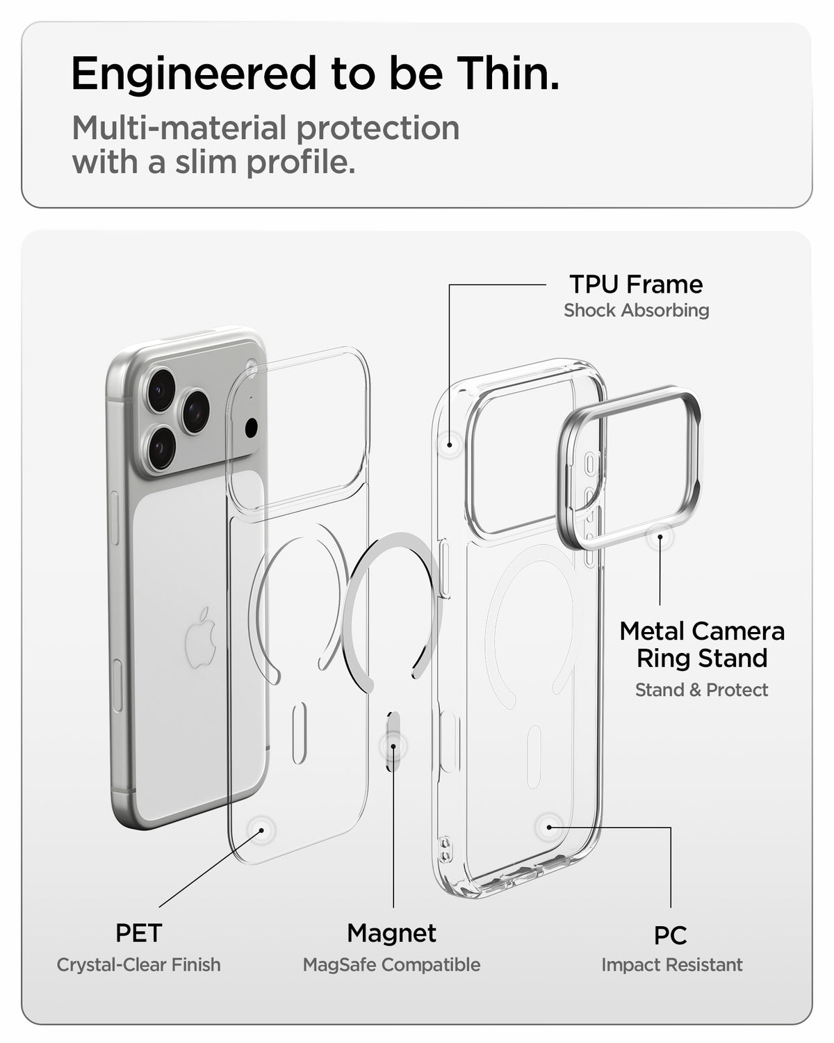 ACS11921 - iPhone 18 Pro / iPhone 17 Pro Ultra Hybrid Optik S (Mag Fit) Clear Silver showing an exploded view of the multi-material case construction with camera ring stand and magnetic components