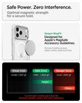 ACS11921 - iPhone 18 Pro / iPhone 17 Pro Ultra Hybrid Optik S (Mag Fit) Clear Silver showing magnetic accessory compatibility and a chart comparing optimal magnetic holding strength