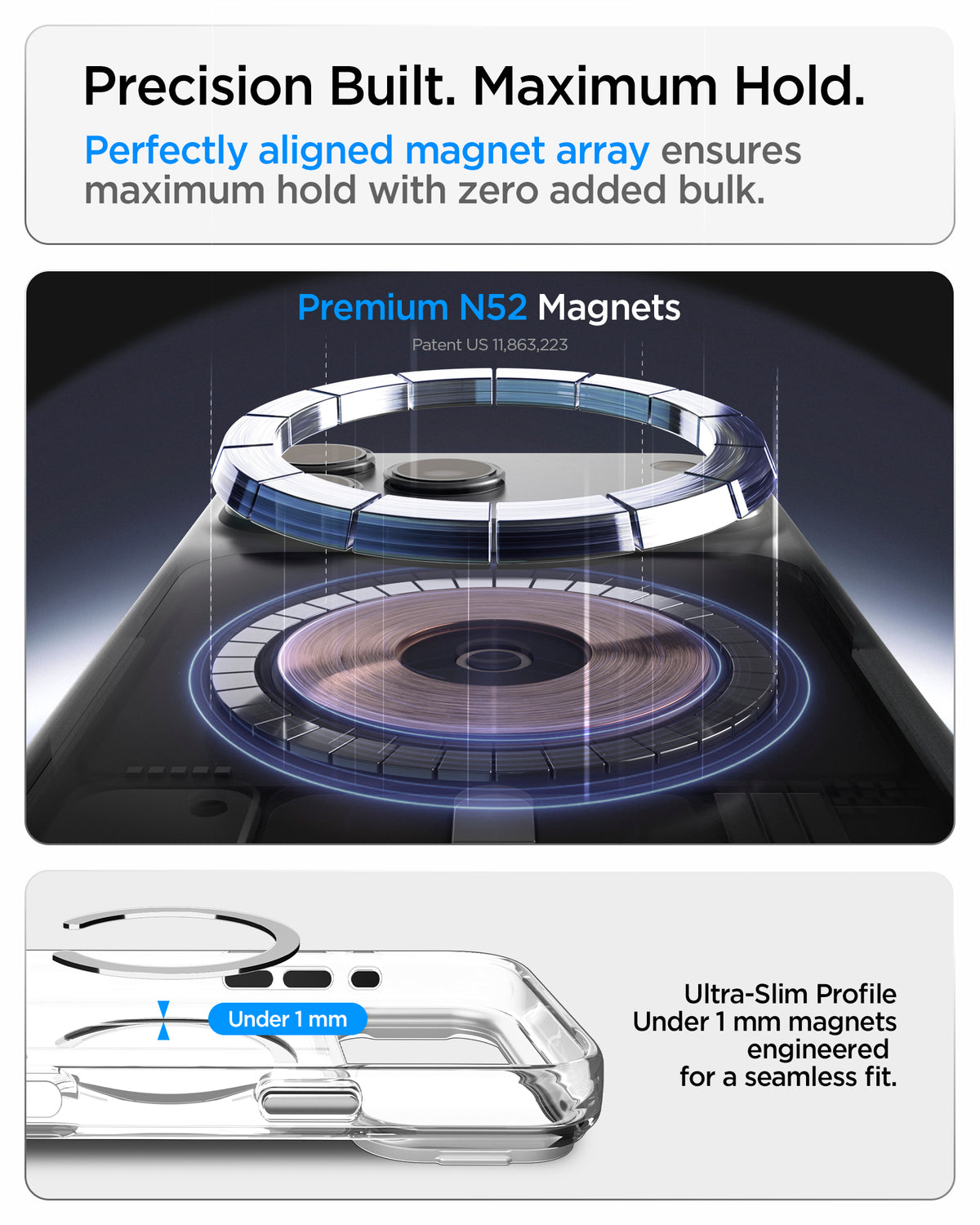 ACS11921 - iPhone 18 Pro / iPhone 17 Pro Ultra Hybrid Optik S (Mag Fit) Clear Silver showing a premium magnet array and ultra-slim magnetic construction under 1 mm