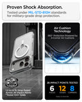 ACS11921 - iPhone 18 Pro / iPhone 17 Pro Ultra Hybrid Optik S (Mag Fit) Clear Silver showing military-grade drop protection with reinforced Air Cushion corners and multiple impact test points