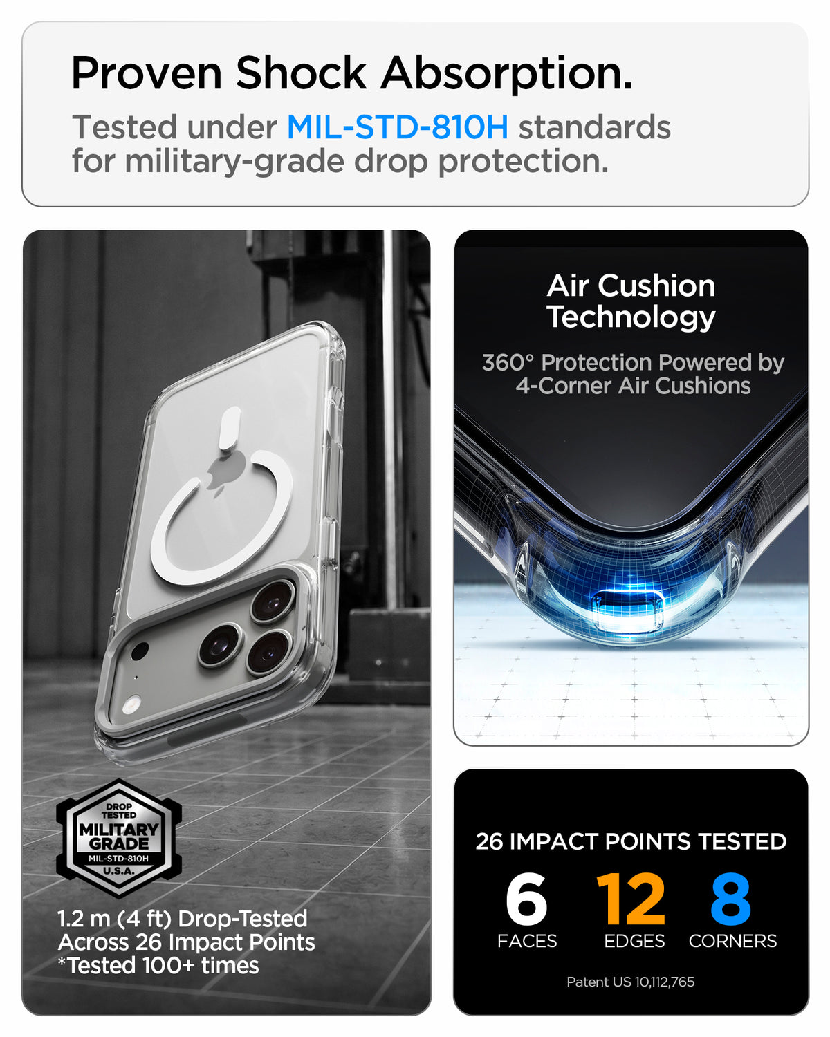 ACS11921 - iPhone 18 Pro / iPhone 17 Pro Ultra Hybrid Optik S (Mag Fit) Clear Silver showing military-grade drop protection with reinforced Air Cushion corners and multiple impact test points