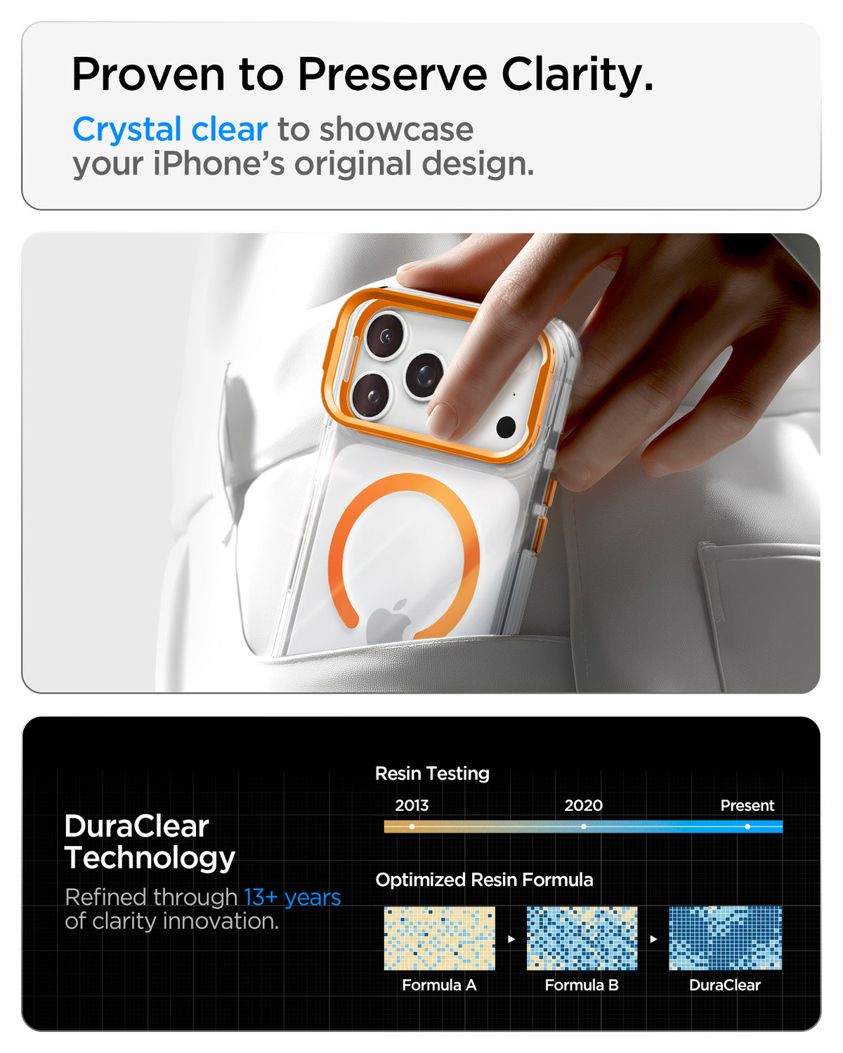 ACS11923 - iPhone 18 Pro / iPhone 17 Pro Ultra Hybrid Optik S (Mag Fit) Clear Orange showing a crystal-clear case finish and long-term resin clarity testing technology