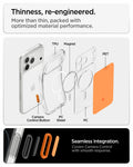 ACS10471 - iPhone 18 Pro / iPhone 17 Pro Ultra Hybrid T (Mag Fit) in Glossy Orange showing an exploded view of layered materials including magnets, rigid panels, and shock-absorbing edges