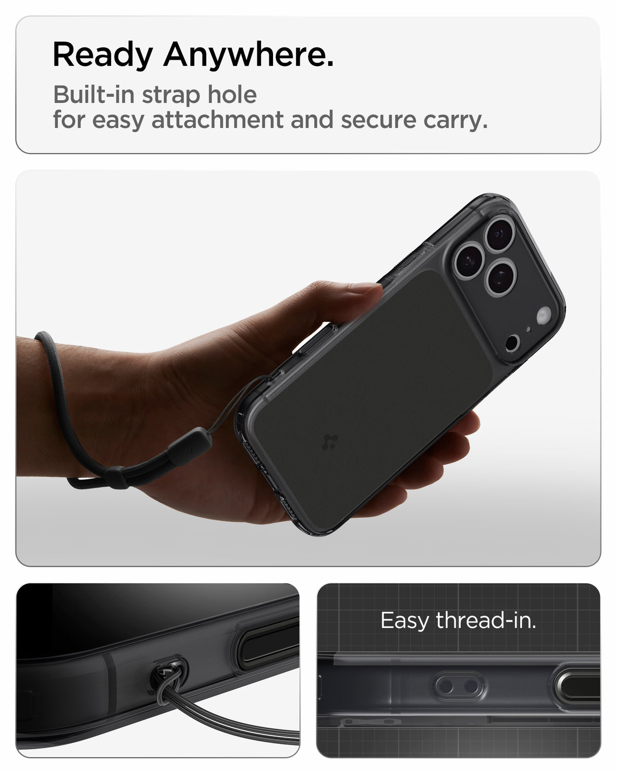 ACS10078 - iPhone 18 Pro / iPhone 17 Pro Ultra Hybrid T (Mag Fit) in Matte Black showing ready anywhere. built in strap hole for easy attachment and secure carry