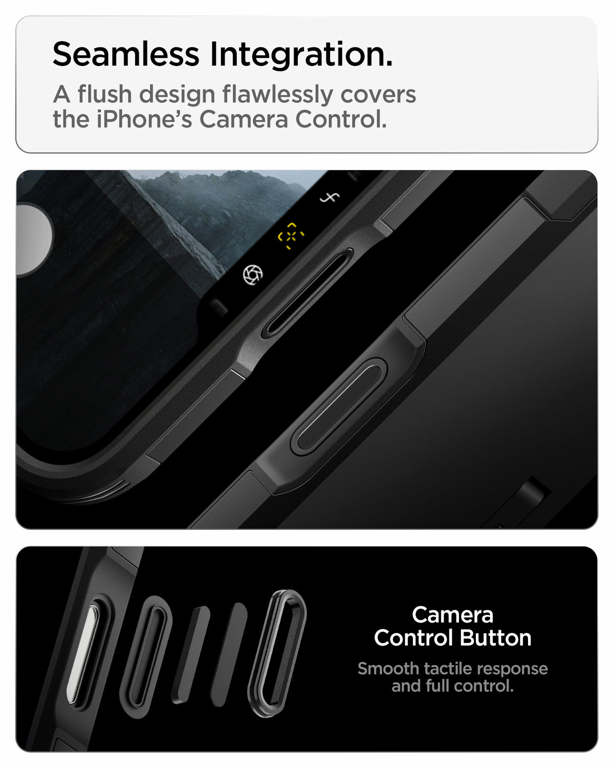 ACS09897 - iPhone 18 Pro Max / iPhone 17 Pro Max Tough Armor T Mag Fit Black showing a flush camera control button design for smooth tactile response and full control