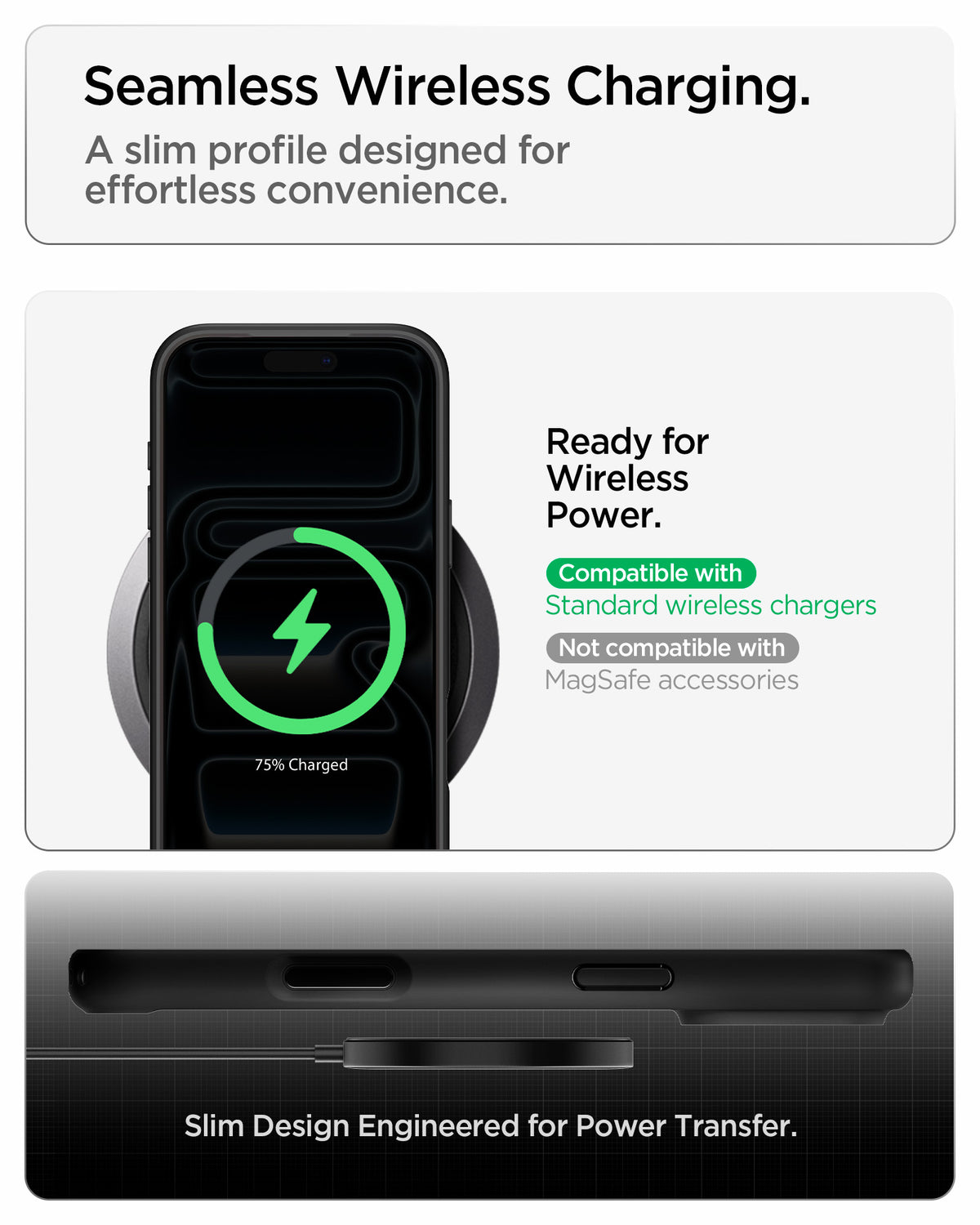 ACS10034 - iPhone 18 Pro Max / iPhone 17 Pro Max Ultra Hybrid in Matte Black showing a slim case supporting standard wireless charging with efficient power transfer