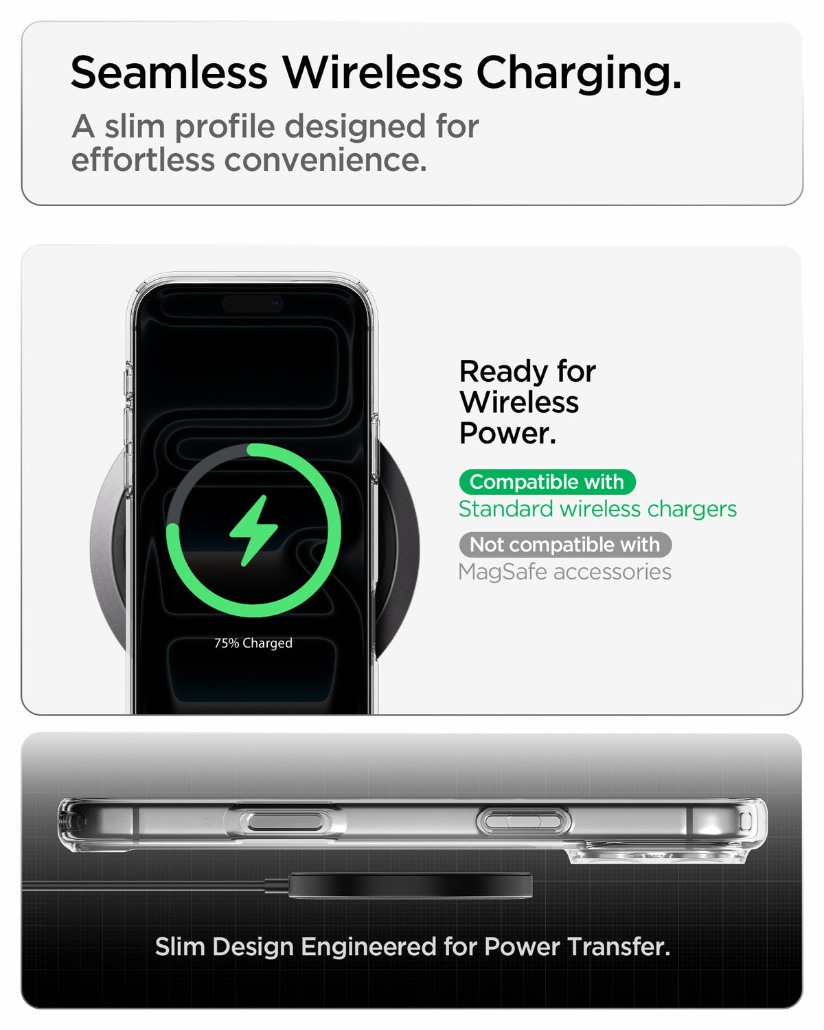 ACS10033 - iPhone 17 Pro Max Ultra Hybrid in Crystal Clear showing a slim case supporting standard wireless charging with efficient power transfer