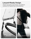 ACS10033 - iPhone 17 Pro Max Ultra Hybrid in Crystal Clear showing built-in bottom cutouts for attaching lanyards and straps for hands-free carrying