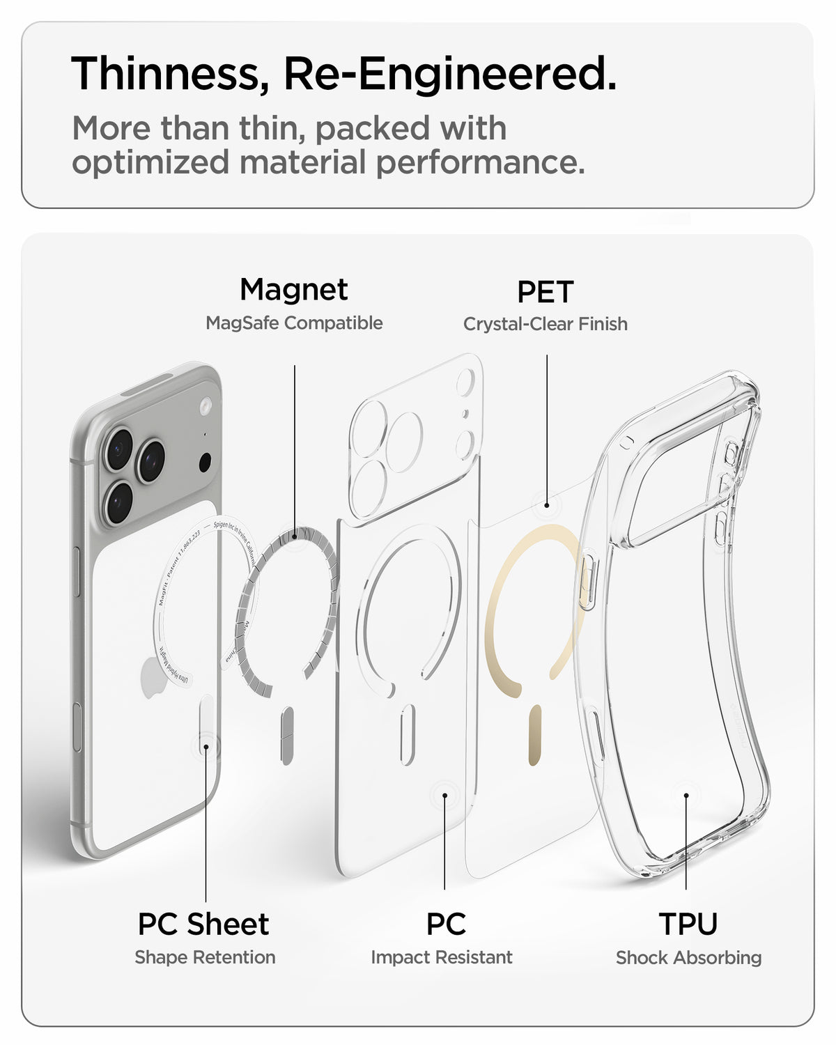 ACS10037 - iPhone 17 Pro Max Ultra Hybrid (MagFit) in Clear Gold showing a thin multi-layer construction with magnets, PET, PC, and TPU for optimized protection