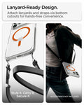 ACS11107 - iPhone 18 Pro Max / iPhone 17 Pro Max Ultra Hybrid (MagFit) in Clear Orange showing bottom lanyard cutouts for attaching straps and hands-free carrying convenience