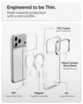 ACS11908 - iPhone 18 Pro Max / iPhone 17 Pro Max Ultra Hybrid Optik S (Mag Fit) Clear Silver showing an exploded view of the multi-material case construction with camera ring stand and magnetic components