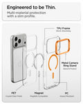 ACS11910 - iPhone 18 Pro Max / iPhone 17 Pro Max Ultra Hybrid Optik S (Mag Fit) Clear Orange showing an exploded view of the multi-material case construction with camera ring stand and magnetic components