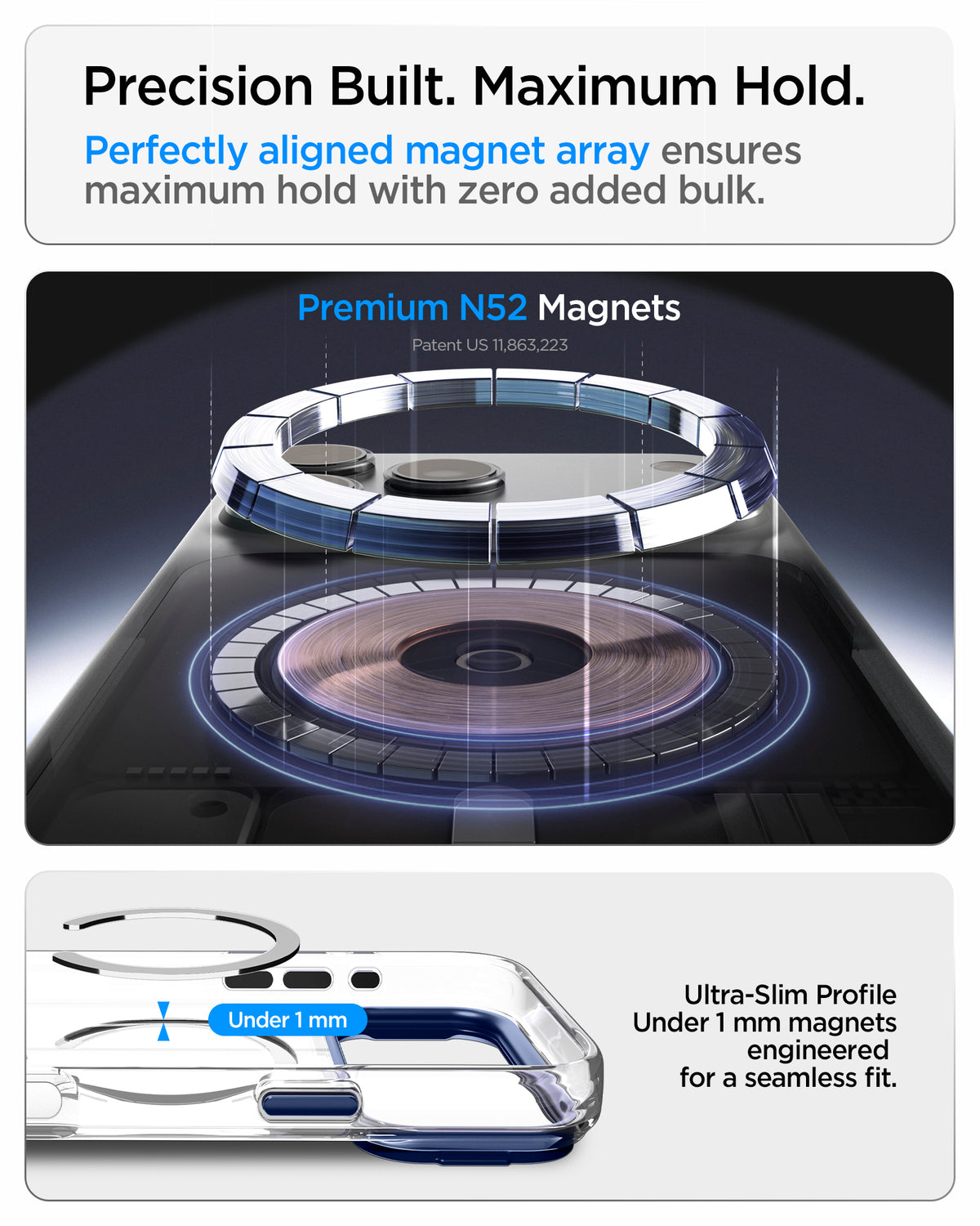 ACS11909 - iPhone 18 Pro Max / iPhone 17 Pro Max Ultra Hybrid Optik S (Mag Fit) Clear Deep Blue showing a premium magnet array and ultra-slim magnetic construction under 1 mm