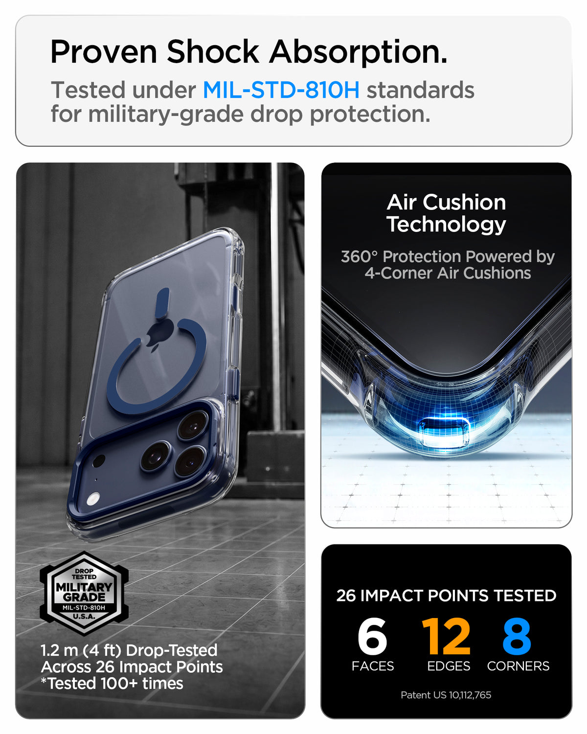 ACS11909 - iPhone 18 Pro Max / iPhone 17 Pro Max Ultra Hybrid Optik S (Mag Fit) Clear Deep Blue showing military-grade drop protection with reinforced Air Cushion corners and multiple impact test points