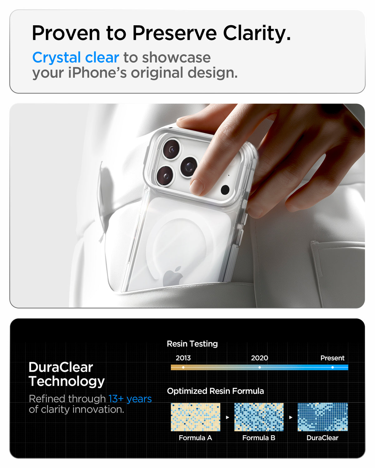 ACS11908 - iPhone 18 Pro Max / iPhone 17 Pro Max Ultra Hybrid Optik S (Mag Fit) Clear Silver showing a crystal-clear case finish and long-term resin clarity testing technology