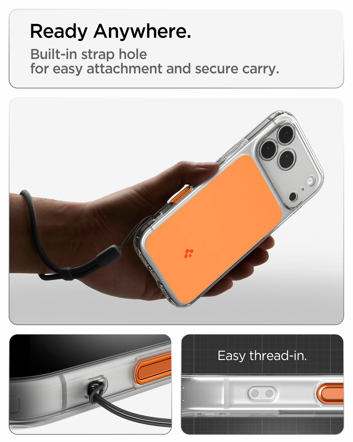 ACS10468 - iPhone 18 Pro Max / iPhone 17 Pro Max Ultra Hybrid T (Mag Fit) in Glossy Orange showing ready anywhere. built in strap hole for easy attachment and secure carry