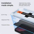 AGL03399 - iPhone 13 Mini Screen Protector EZ FIT GLAS.tR Privacy showing the installation made simple. Alignment tray makes glass application quick and easy without fail. EZ Fit Tray, Alignment Film and Tempered Glass