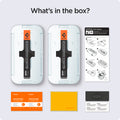 AGL03396 - iPhone 13 Mini Screen Protector EZ FIT GLAS.tR SLIM showing what's in the box? 2 screen protector with alignment tray, installation instruction, cleaning wipes, microfiber cloth and dust sticker