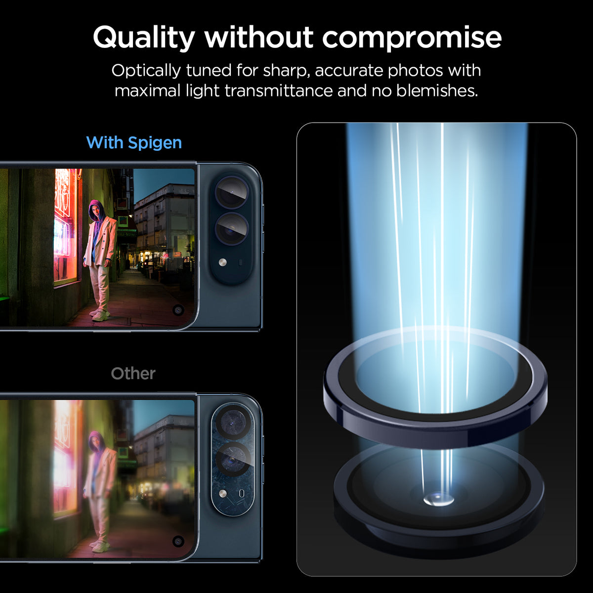 AGL12011 - iPhone Duo Optik Pro EZ Fit Lens Protector in Night Sky showing a comparison of camera image clarity with individual lens protectors and a full camera-area protector