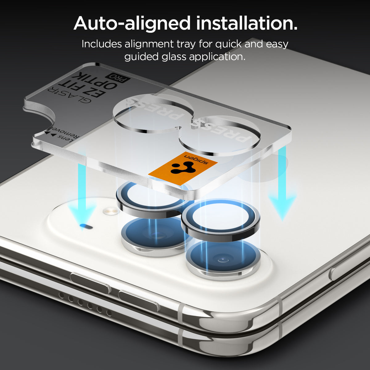 AGL12012 - iPhone Duo Optik Pro EZ Fit Lens Protector in Star White showing an alignment tray positioned over the camera lenses for guided lens protector installation
