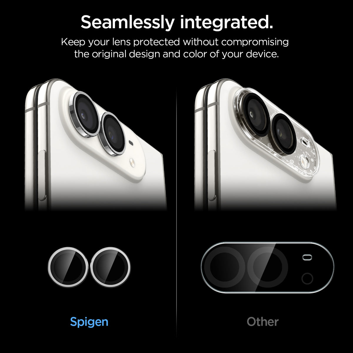 AGL12012 - iPhone Duo Optik Pro EZ Fit Lens Protector in Star White showing individual camera lens protectors compared with a full camera-area protector for a seamless appearance