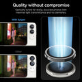 AGL12012 - iPhone Duo Optik Pro EZ Fit Lens Protector in Star White showing a comparison of camera image clarity with individual lens protectors and a full camera-area protector