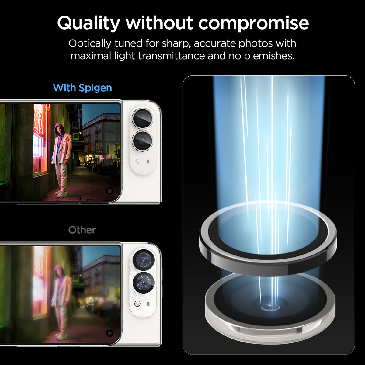 AGL12012 - iPhone Duo Optik Pro EZ Fit Lens Protector in Star White showing a comparison of camera image clarity with individual lens protectors and a full camera-area protector