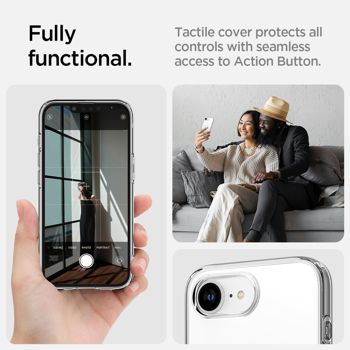 ACS09150 - iPhone 16e Case Liquid Crystal (MagFit) in Clear White showing the full function. Tactile cover protects all controls with seamless access to Action Button