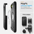 ACS09137 - iPhone 17e Case Tough Armor AI (MagFit) in Black showing the stronger MagFit. Improved magnets for snappy and strong connection.