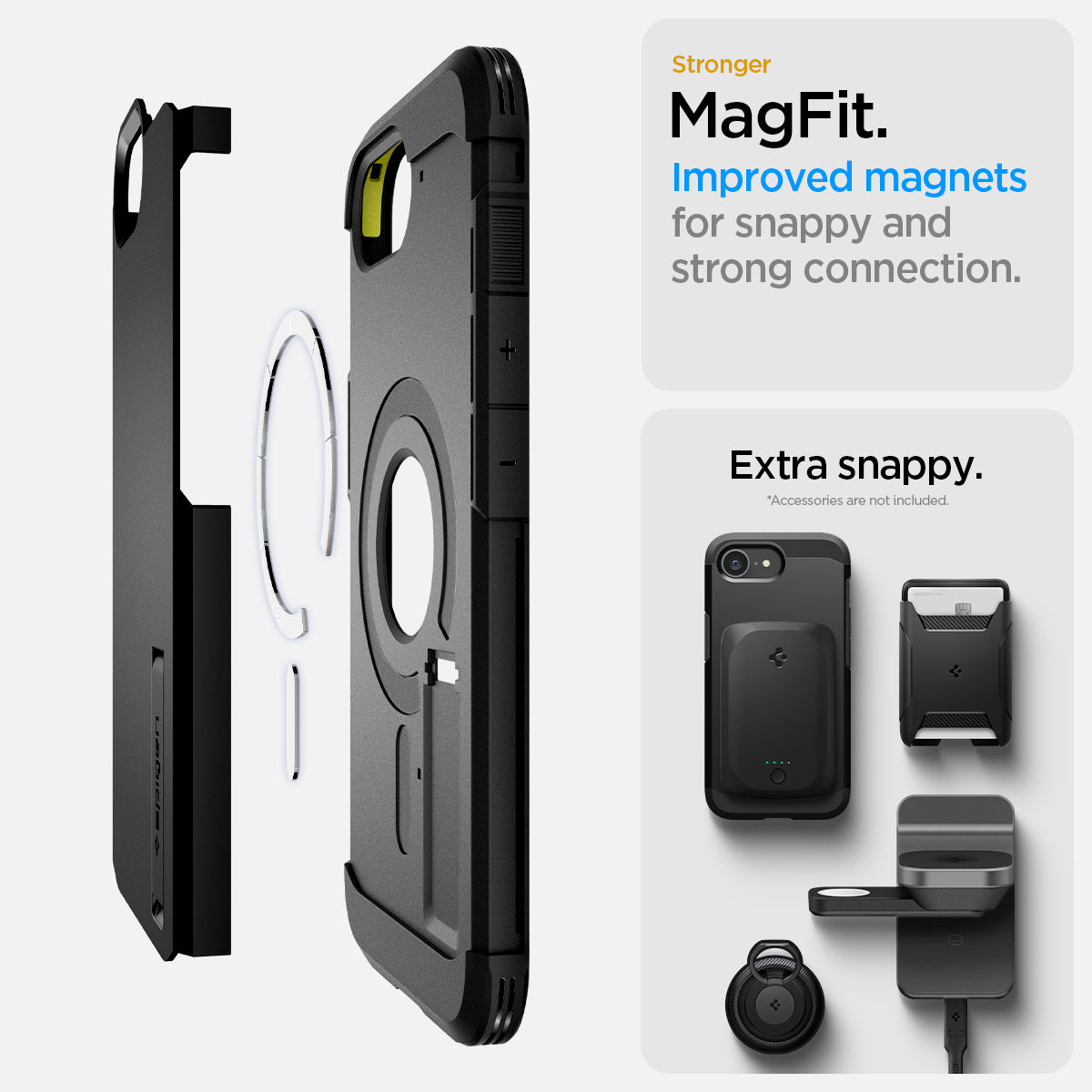 ACS09137 - iPhone 17e Case Tough Armor AI (MagFit) in Black showing the stronger MagFit. Improved magnets for snappy and strong connection.