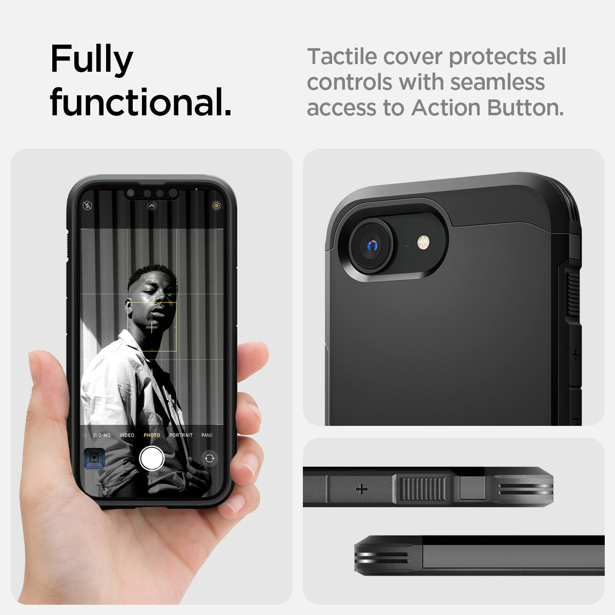 ACS09137 - iPhone 17e Case Tough Armor AI (MagFit) in Black showing how it is fully functional. Tactile cover protects all controls with seamless access to Action Button