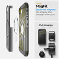 ACS09138 - iPhone 17e Case Tough Armor AI (MagFit) in Frost Black showing the stronger MagFit. Improved magnets for snappy and strong connection.