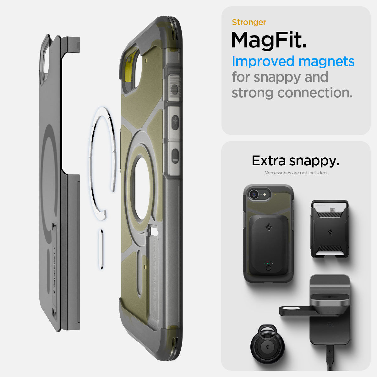 ACS09138 - iPhone 17e Case Tough Armor AI (MagFit) in Frost Black showing the stronger MagFit. Improved magnets for snappy and strong connection.
