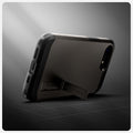 ACS09136 - iPhone 16e Case Tough Armor AI (MagFit) in Gunmetal showing the back, propped up with the built-in kickstand